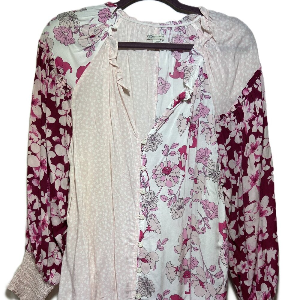 Cato Women's Pink & White Floral V-Neck Long Ruffle Sleeve Tiered-Flare S 14/16